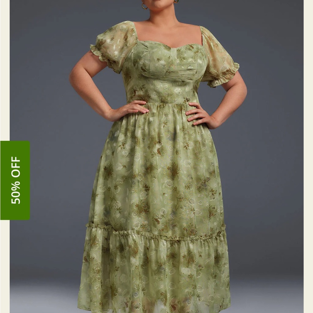 Curveins Plus-Size Draped Collar Puff Sleeve Floral Print Maxi Dress